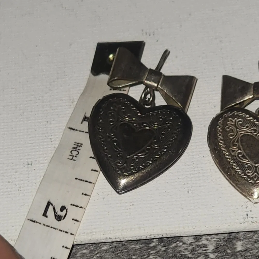 Vintage Heart Locket Earrings Engraved‎ Bow Drop Silver Tone Romantic Jewelry